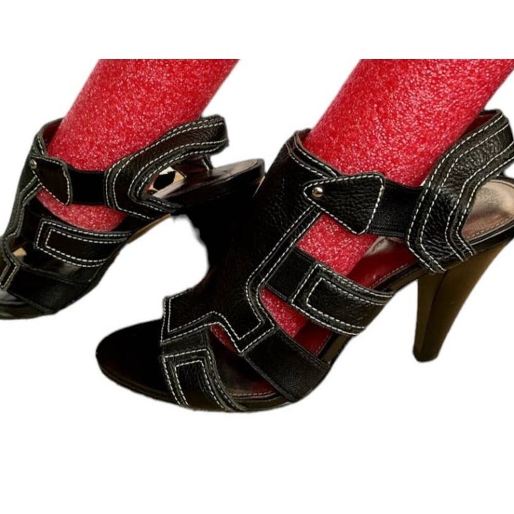 Calvin Klein Black Leather Open Toe Slingback Sandals 4" Heels Size 7 Iris E3077